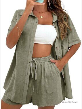 Women Cotton Linen Shorts Sets 2 Piece Lounge Beach Vacation Outfits